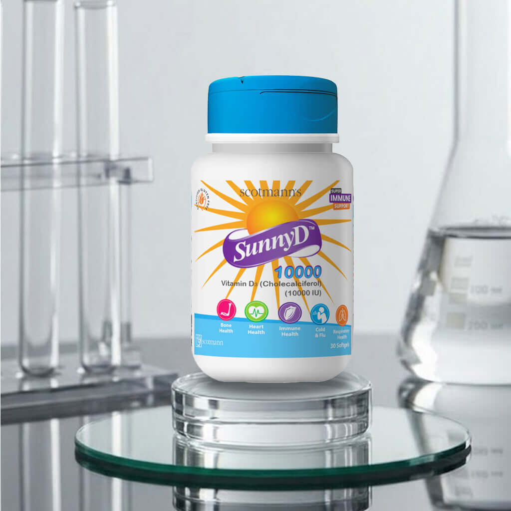 SunnyD vitamin D3 supplement bottle on a clear glass surface with a blurred background