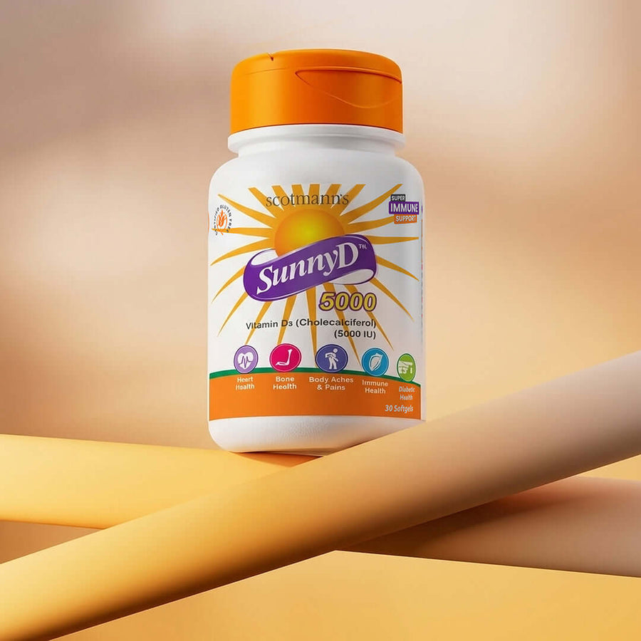 SunnyD vitamin D3 supplement bottle on a beige background