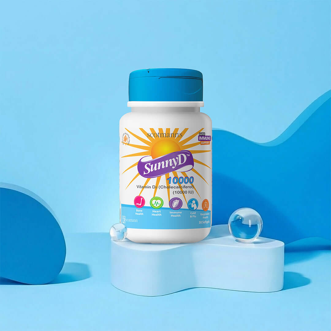SunnyD vitamin D3 supplement bottle on a clear glass surface with a blurred background