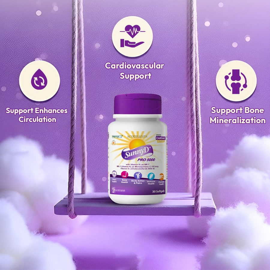 SunnyD Pro 5000 supplement bottle on a purple swing with health benefits text on a purple background