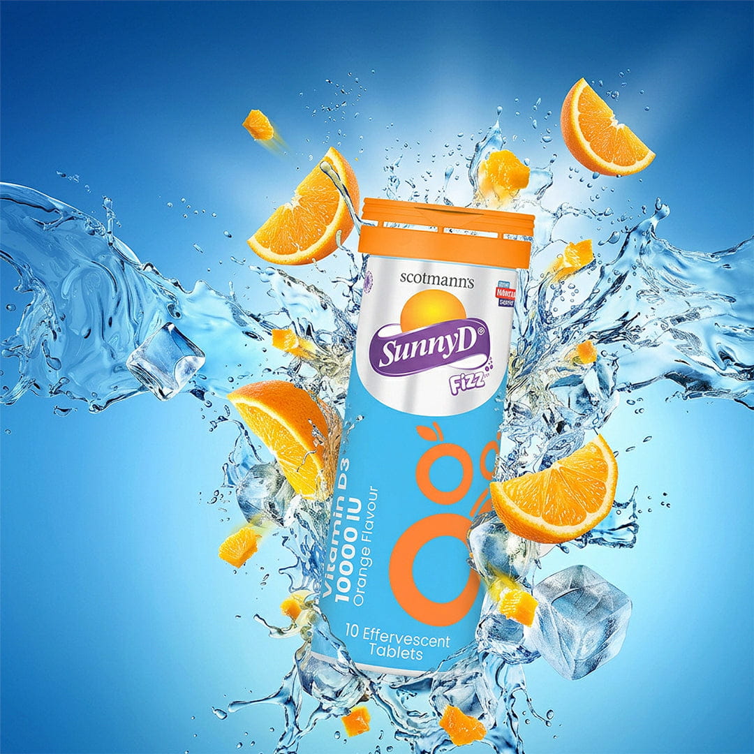 SunnyD effervescent tablets container on a clear glass surface with a blurred background