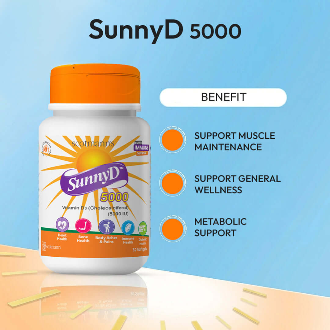 SunnyD 5000 vitamin bottle on a kitchen counter with a gray background