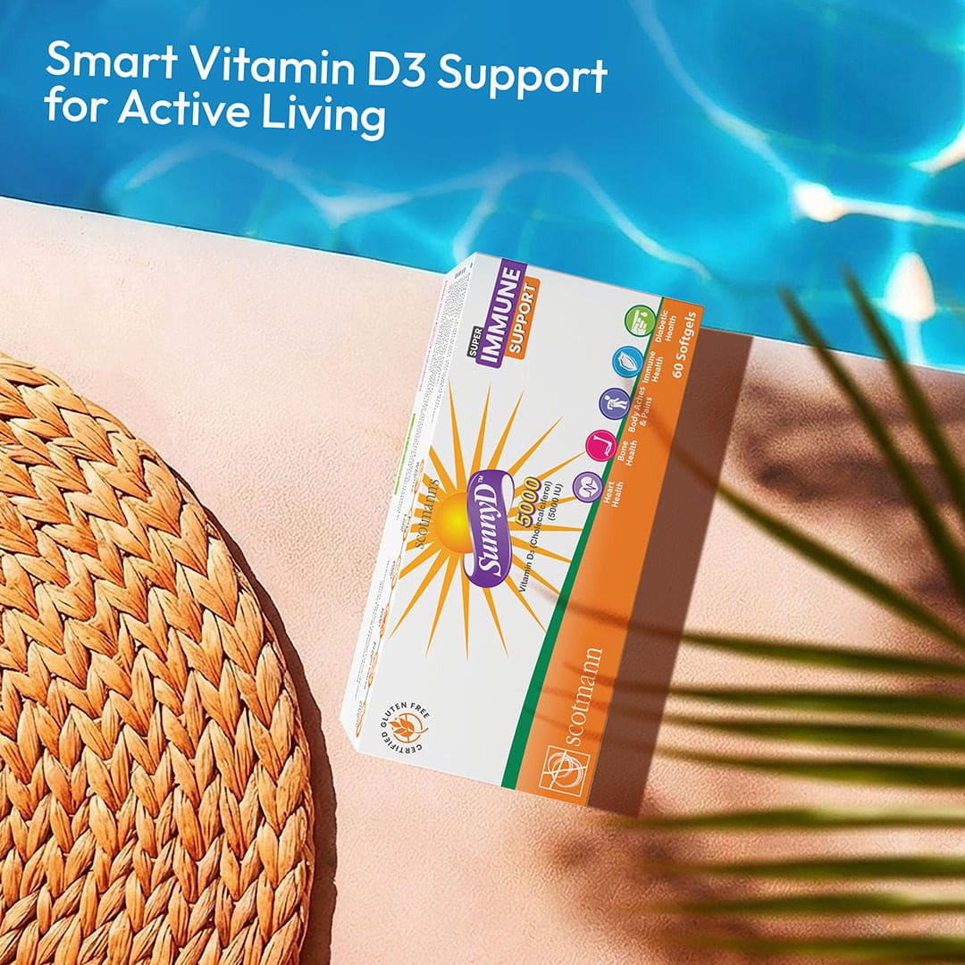 Box of Scottmann SunnyD immune support supplement on a kitchen counter with a glass of water and spoon in the background.