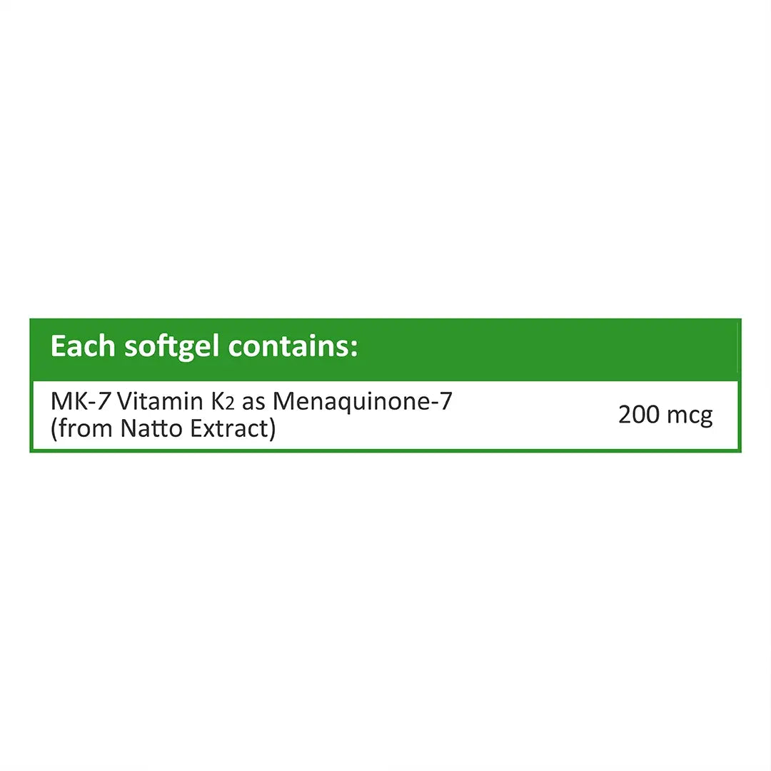 A green and white informational label stating 'Each softgel contains: MK-7 Vitamin K2 as Menaquinone-7 (from Natto Extract) 200 mcg' on a plain white background.