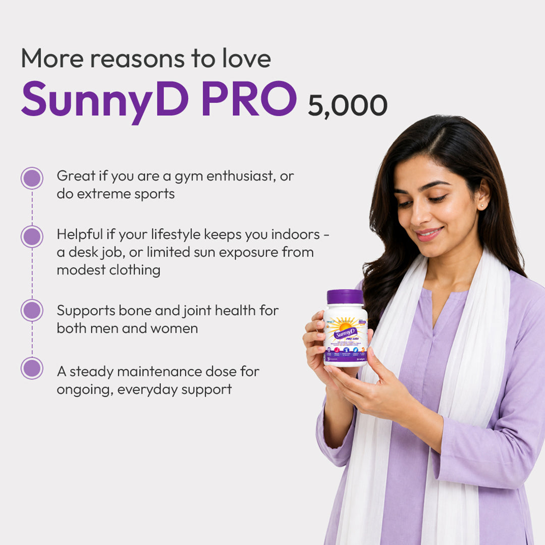 SunnyD PRO 5000 Vitamin D3 5000 IU with K2 MK-7 product information graphic.