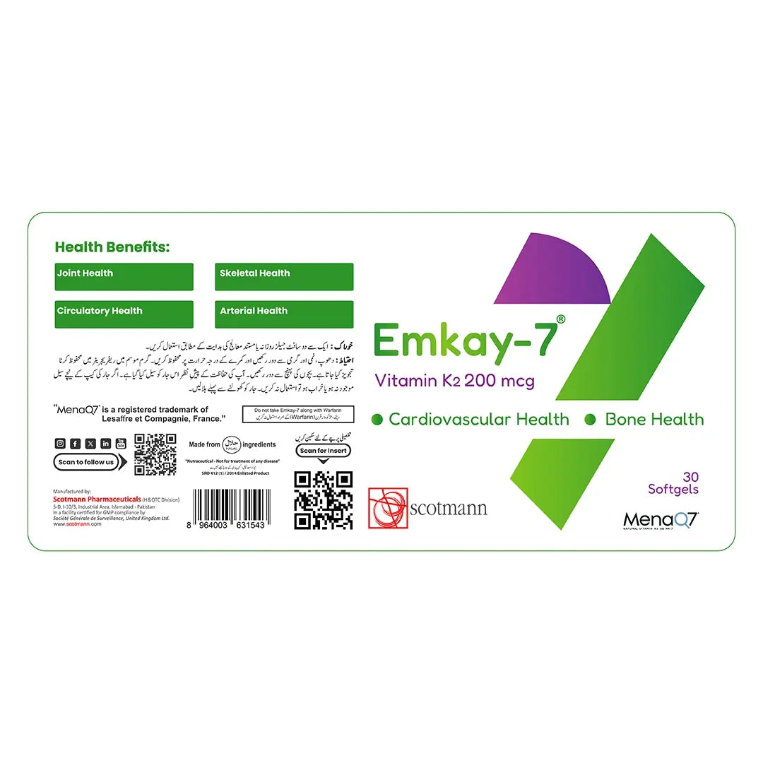 Emkay-7 Vitamin K2 200 mcg supplement label showing health benefits, product details, QR codes, and logos including Emkay-7, Scotmann, and Mengay-7 on a white background.