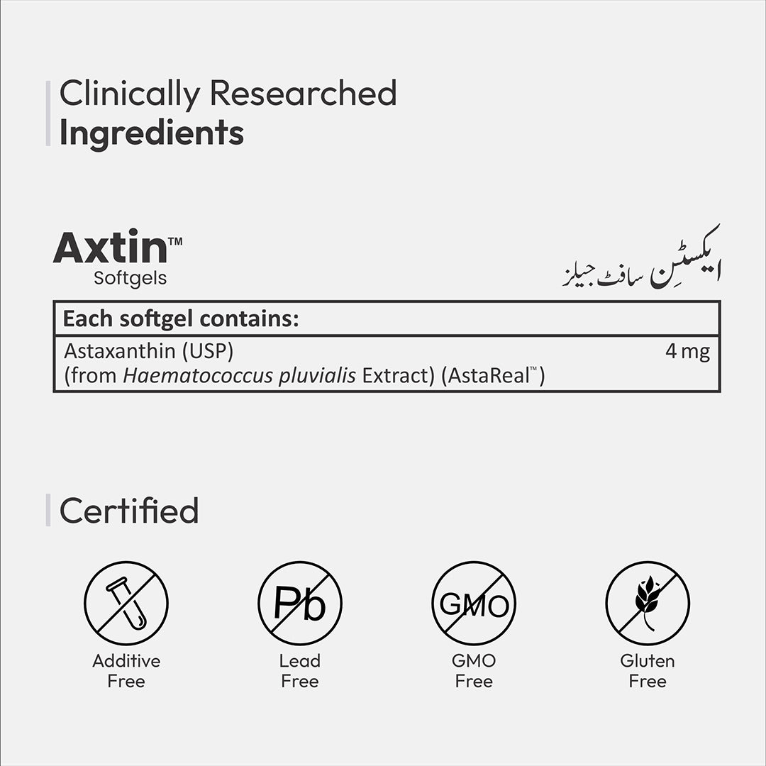 Axtin 4mg AstaReal Astaxanthin Softgels comparison chart showing formula, strength, halal certification and product quality.