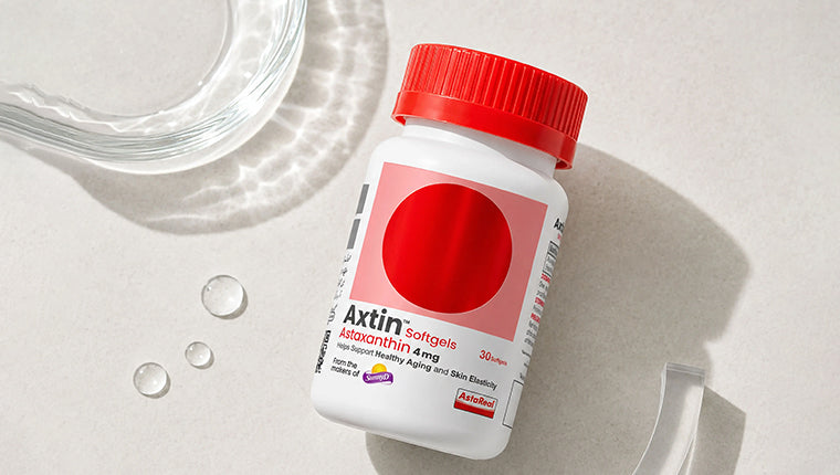 Axtin 4mg Astaxanthin Softgels infographic explaining suitability for glowing skin, environmental stress and healthy aging.