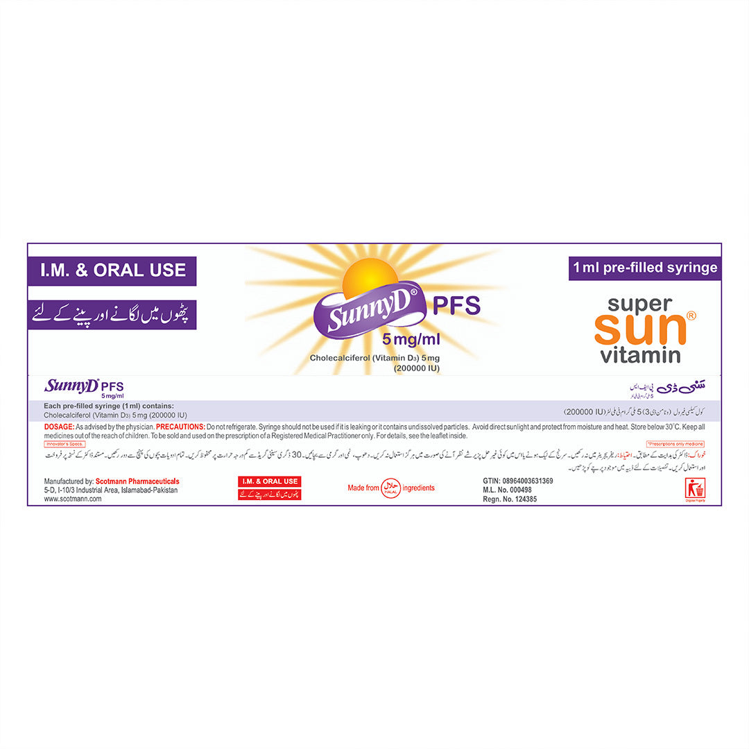 A rectangular product label for SunnyD PFS super sun vitamin 5mg/ml 1ml pre-filled syringe, showing purple, yellow, and orange text and graphics on a white background.