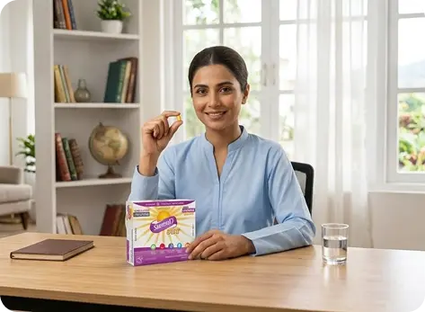 A woman in a light blue top sits at a wooden desk holding a box of Vivelle-Dop Strong Absorbency Pads and holding up one of the pads. The scene is set in a bright, modern home office with a bookshelf in the background.