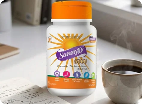 Vitamin D3 5000 IU softgel taken with a meal for safe absorption