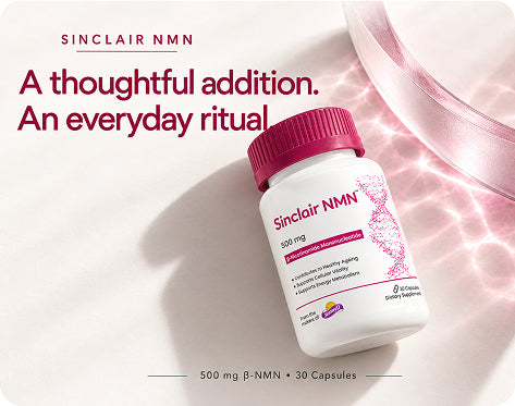 A bottle of Sinclair NMN dietary supplement capsules on a clean white background with pink text and a soft pink ribbon prop. The bottle is white with a magenta cap and pink label details.