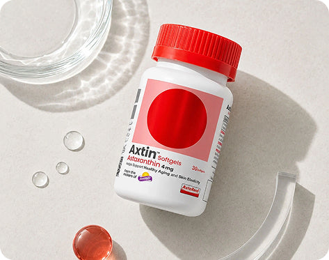 Axtin 4mg astaxanthin softgels beside a collagen powder sachet
