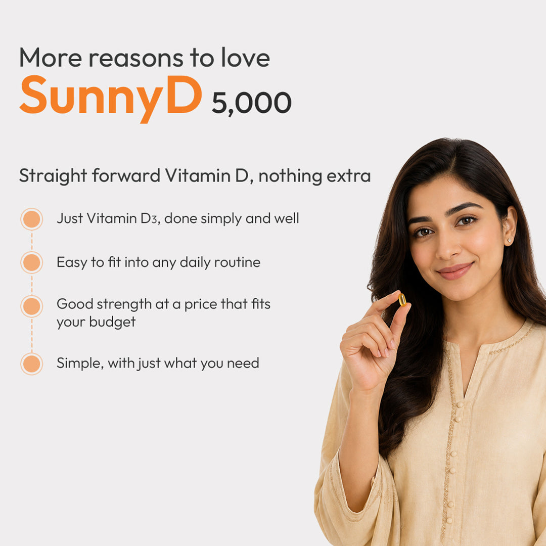 Scotmann's SunnyD 5000 Vitamin D3 product features infographic highlighting supplement formulation and quality