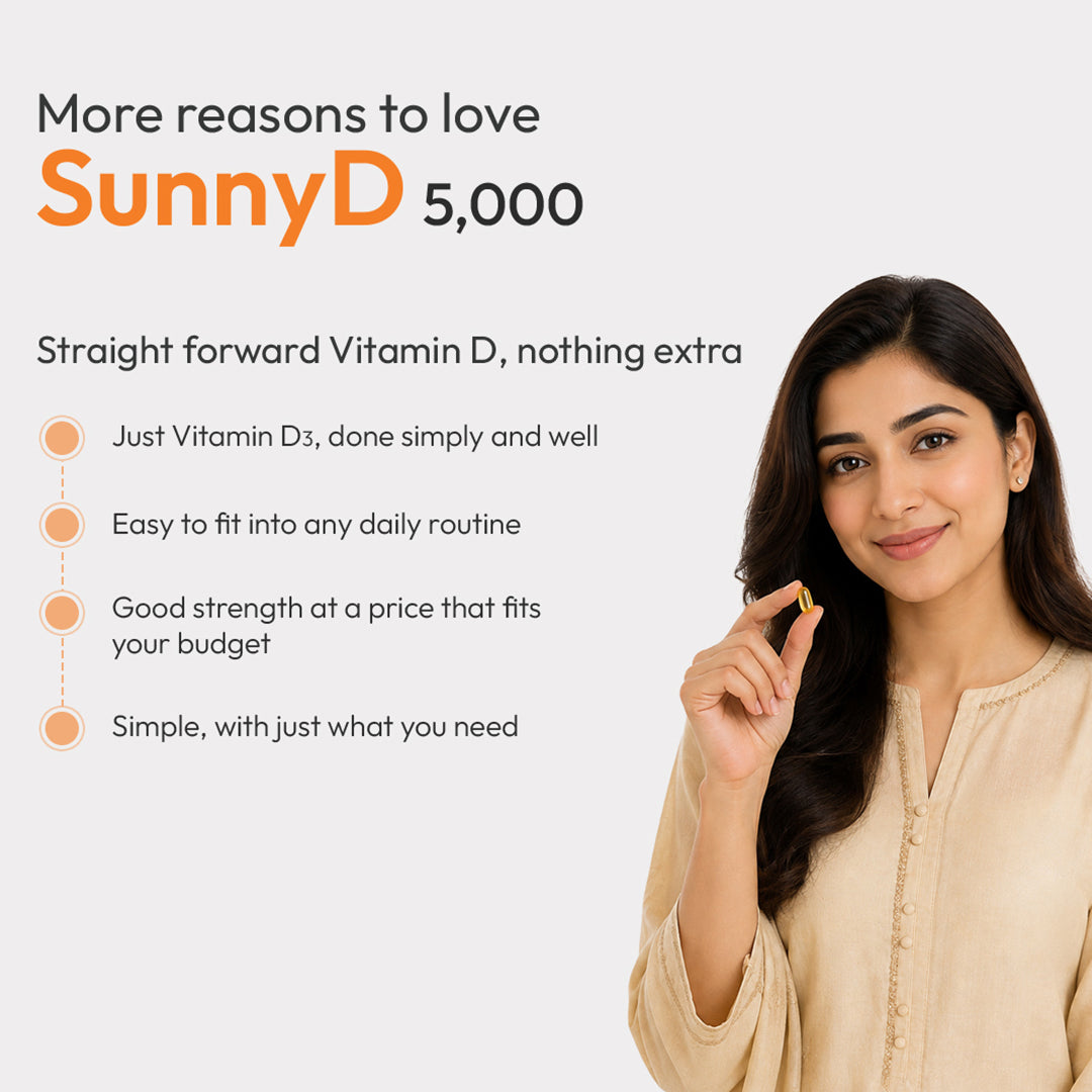 Scotmann's SunnyD 5000 supplement features infographic highlighting Vitamin D3 strength and formulation