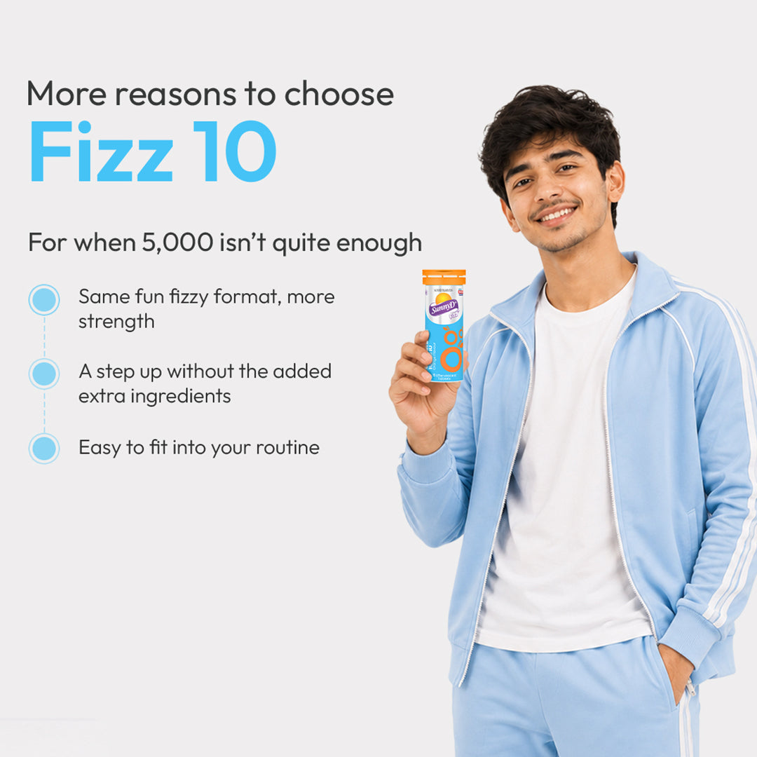 Scotmann's SunnyD Fizz 10,000 IU effervescent supplement features and formulation infographic