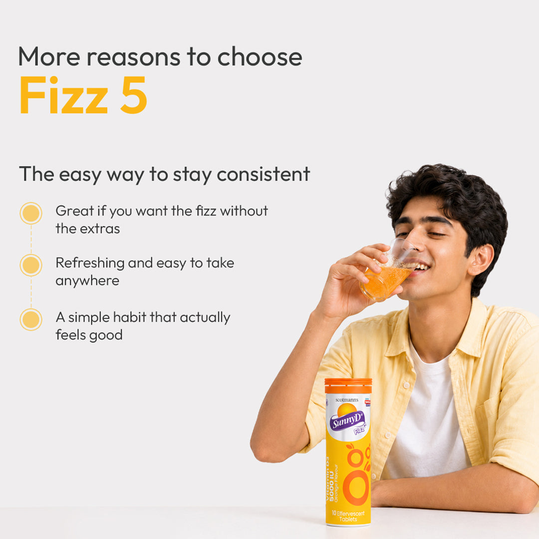 Scotmann's SunnyD Fizz 5000 IU effervescent tablets features and formulation infographic