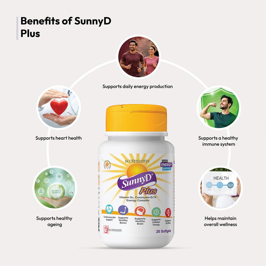 Scotmann's SunnyD Plus Vitamin D3 and CoQ10 softgels benefits infographic highlighting heart health, daily energy, immune support, healthy ageing and overall wellness.