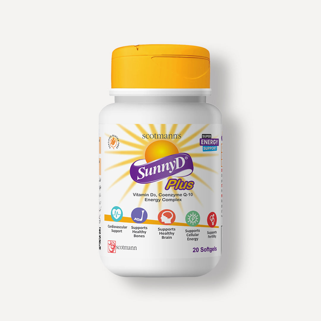 Scotmann's Sunny D Plus Vitamin D3 and Coenzyme Q10 supplement packaging with product details