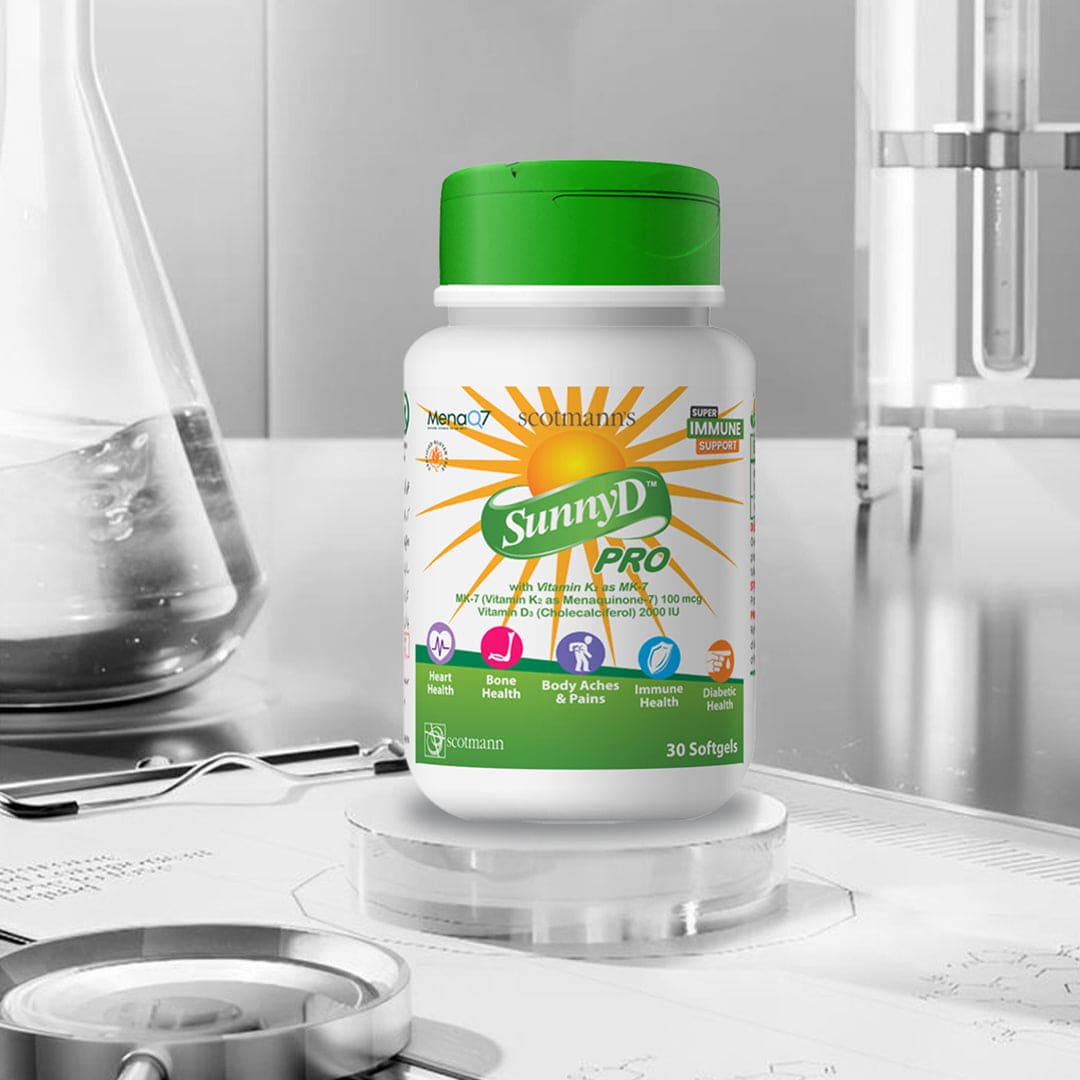SunnyD Pro supplement bottle on a white surface with a gray background