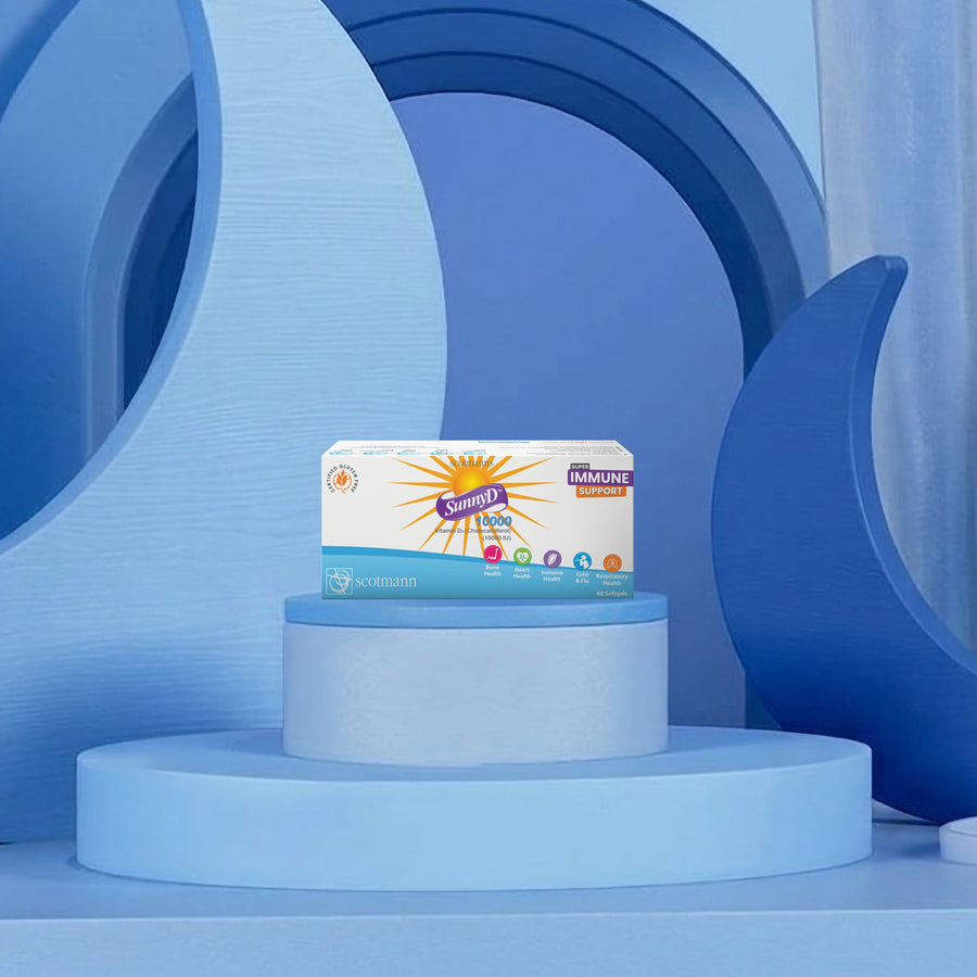 Sunway D vitamin box on a blue pedestal with a futuristic blue background