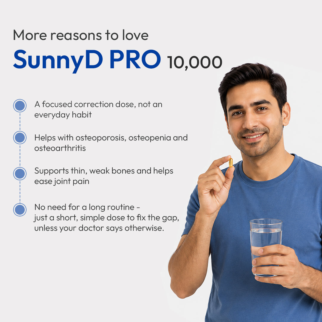 SunnyD PRO 10000 Vitamin D3 10,000 IU and K2 MK-7 product information graphic.
