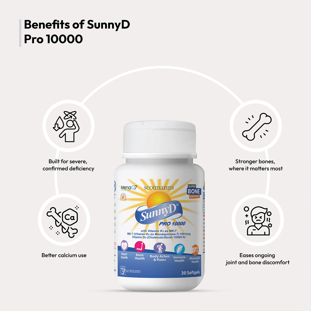 SunnyD PRO 10000 Vitamin D3 and K2 softgels informational product image.