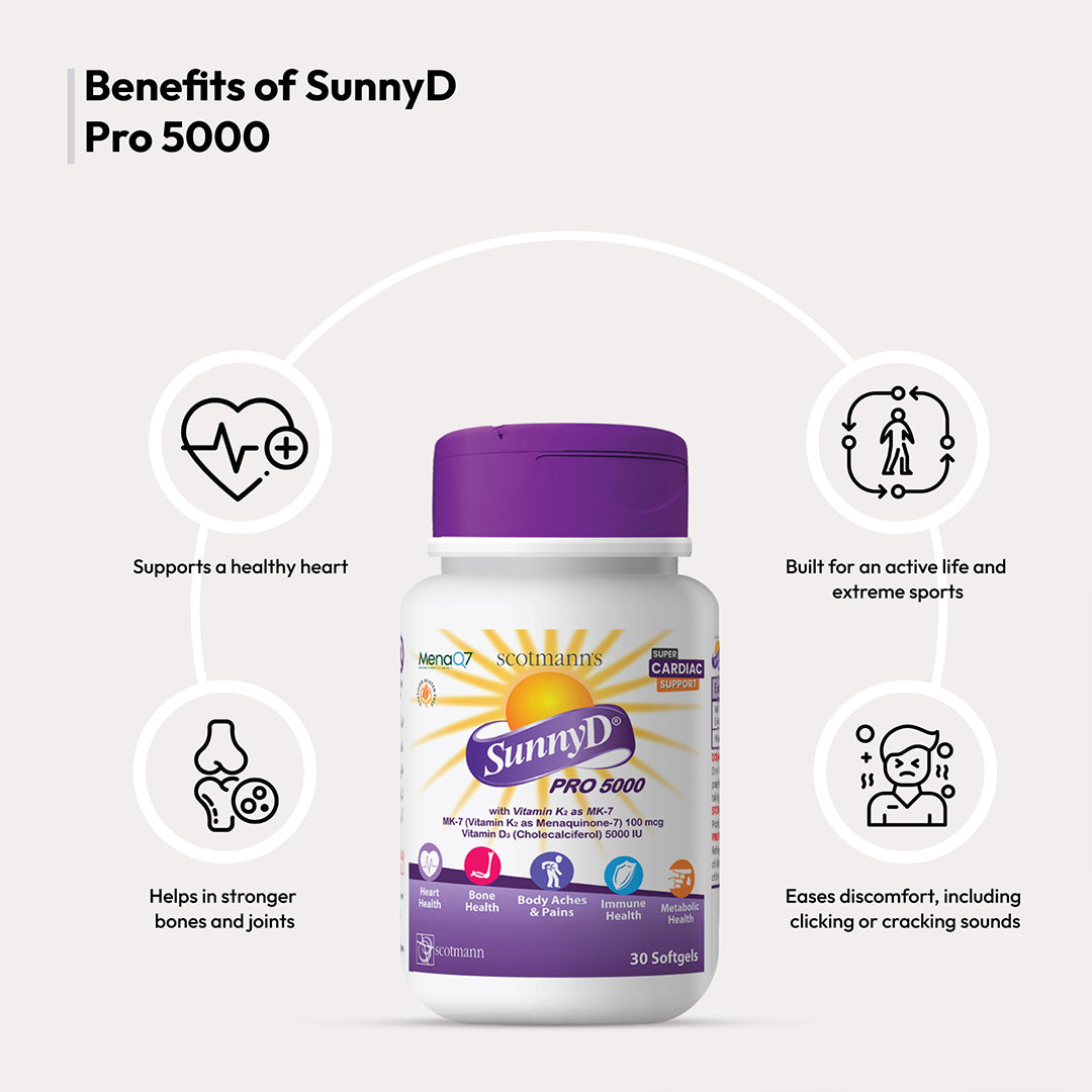 SunnyD PRO 5000 Vitamin D3 and K2 supplement informational graphic.
