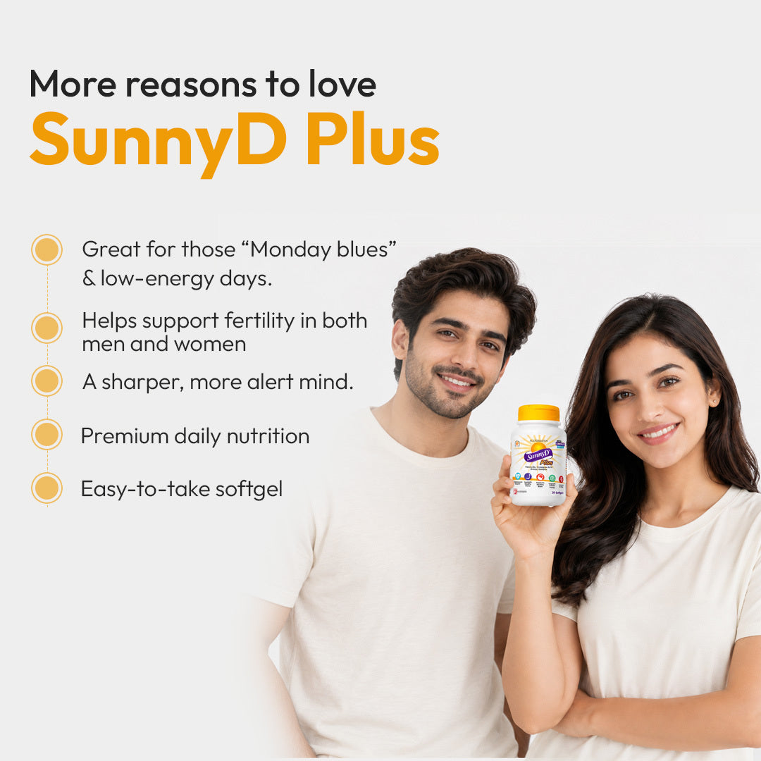 SunnyD Plus benefits, including energy support, fertility support, mental alertness, and daily nutrition