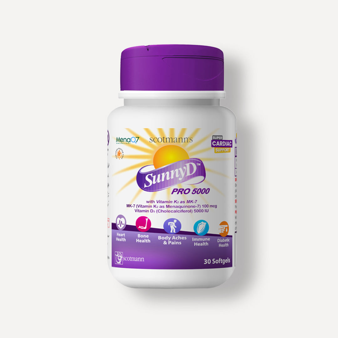 SunnyD PRO 5000 Vitamin D3 5000 IU and Vitamin K2 MK-7 supplement bottle, 30 softgels.