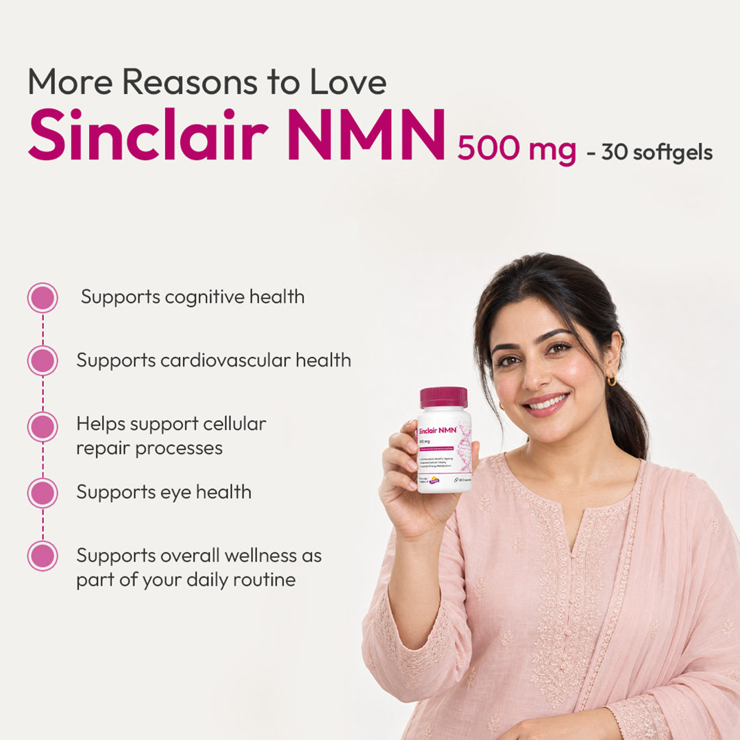 Woman holding Sinclair NMN 500mg NAD+ supplement bottle, with infographic highlighting cognitive health, cardiovascular wellness, cellular repair, eye health, and daily vitality support.