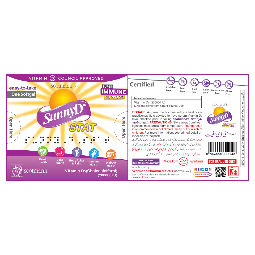 SunnyD STAT supplement packaging with purple and yellow design on a white background