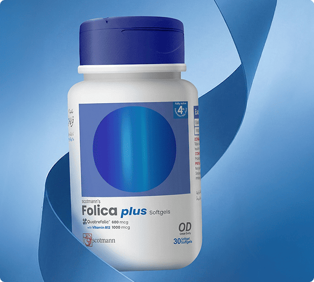 Folica plus softgel container with blue and white design on a blue background