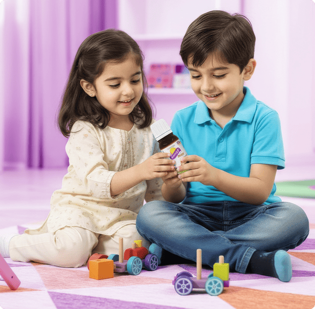 Two children playing with toys on a colorful floor mat.
