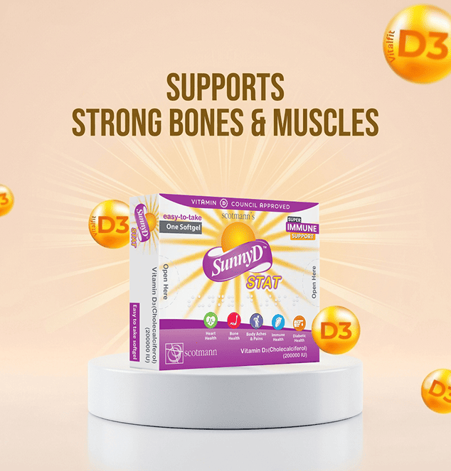 SunnyD STAT supplement packaging with vitamin D3 label on a beige background