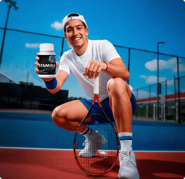 Person on a tennis court holding a supplement bottle labeled 'STAMINA'.