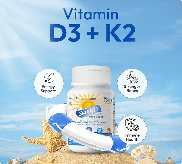 SunnyD vitamin supplement bottle with beach-themed background and icons indicating benefits.