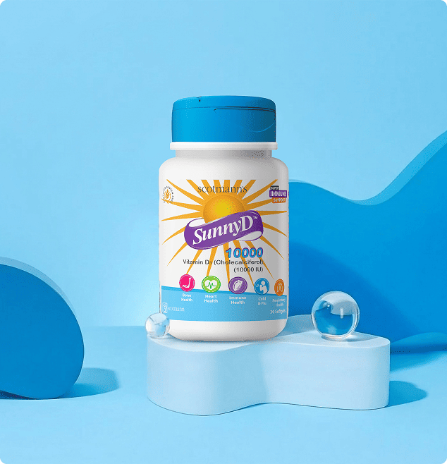 SunnyD vitamin supplement bottle on a blue background