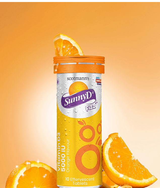 Scotmann's SunnyD Fizz vitamin D3 supplement with orange slices on an orange background