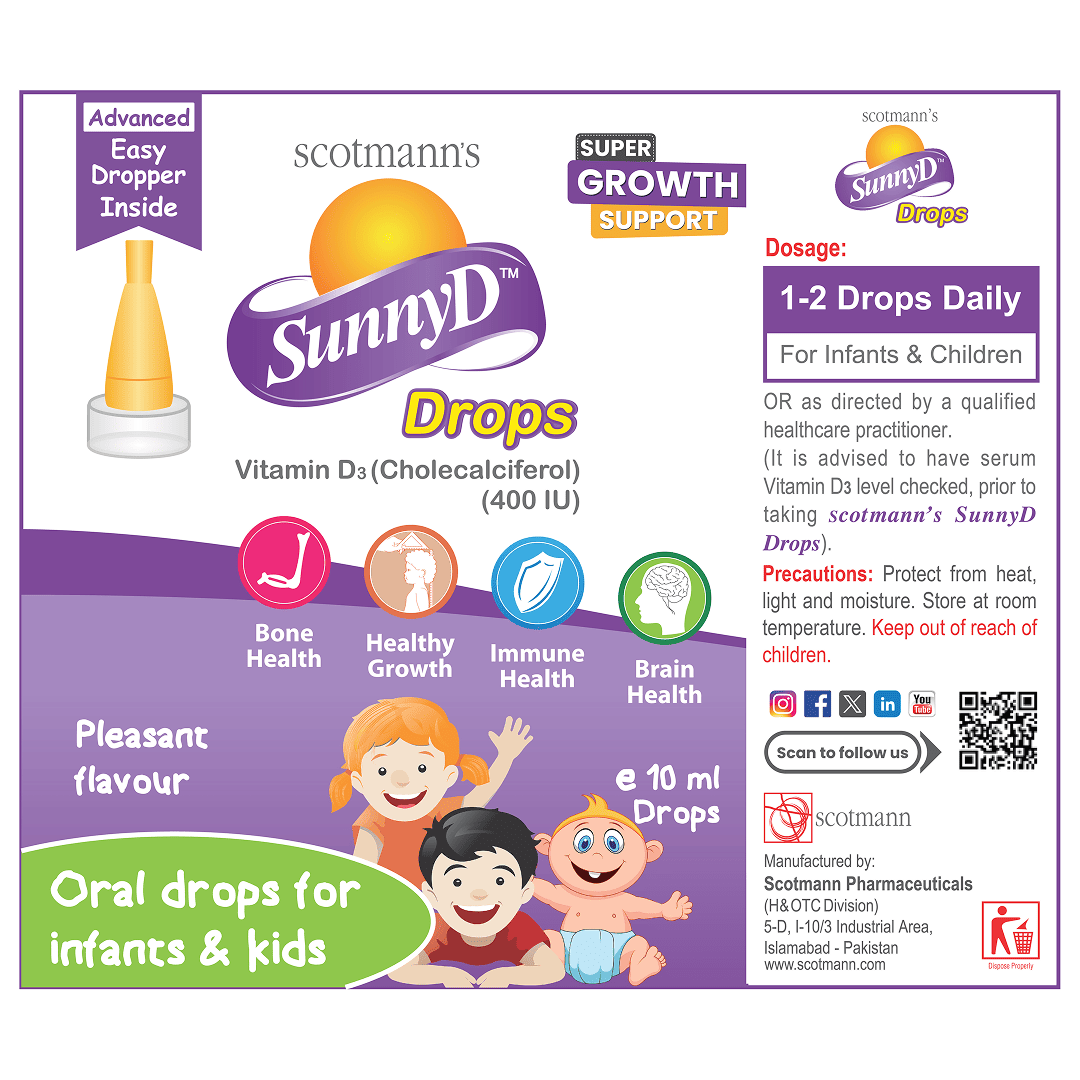 Scotmann's SunnyD Drops packaging with text and graphics on a white background
