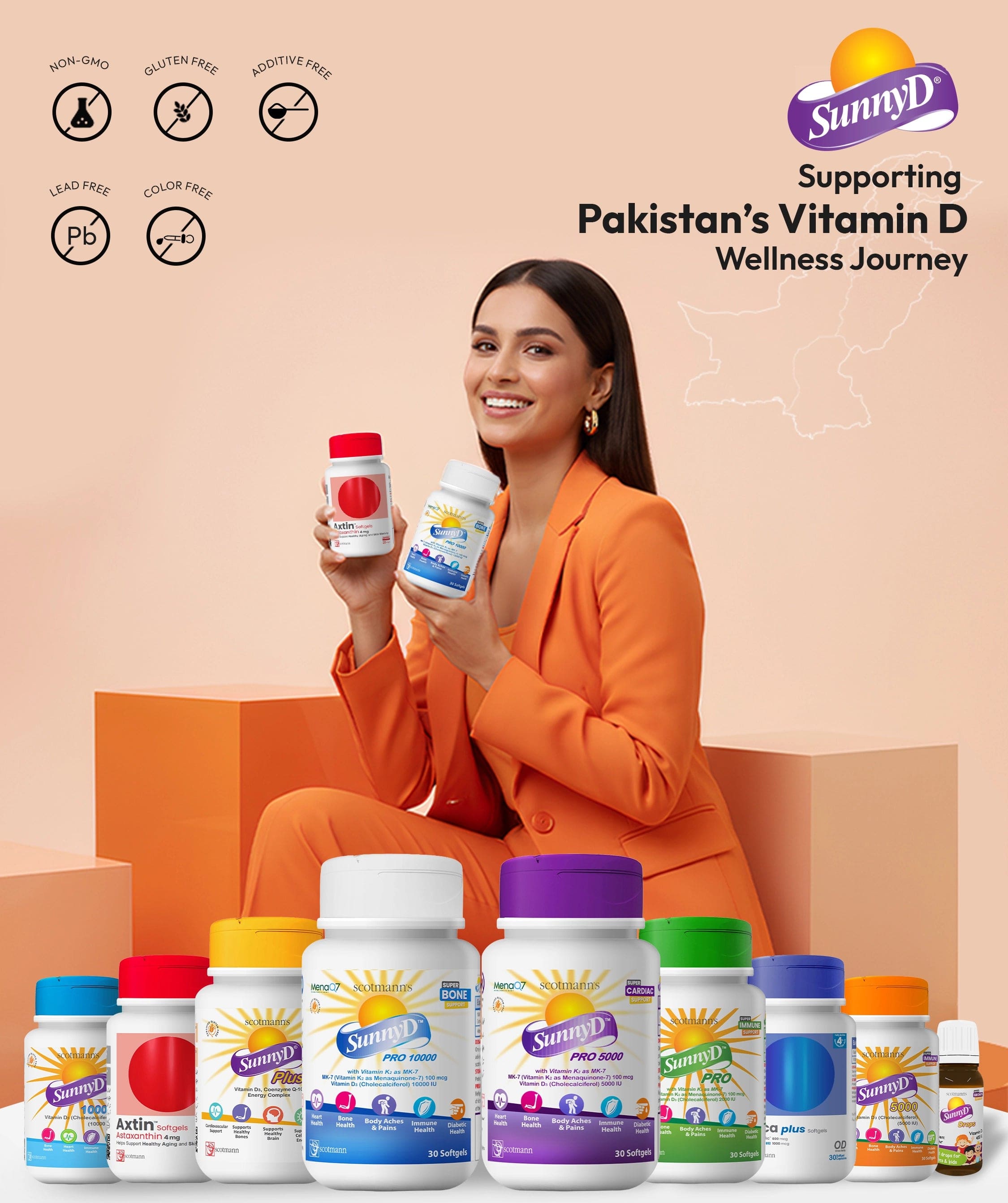Woman holding SunnyD vitamin D supplements with product display on a beige background