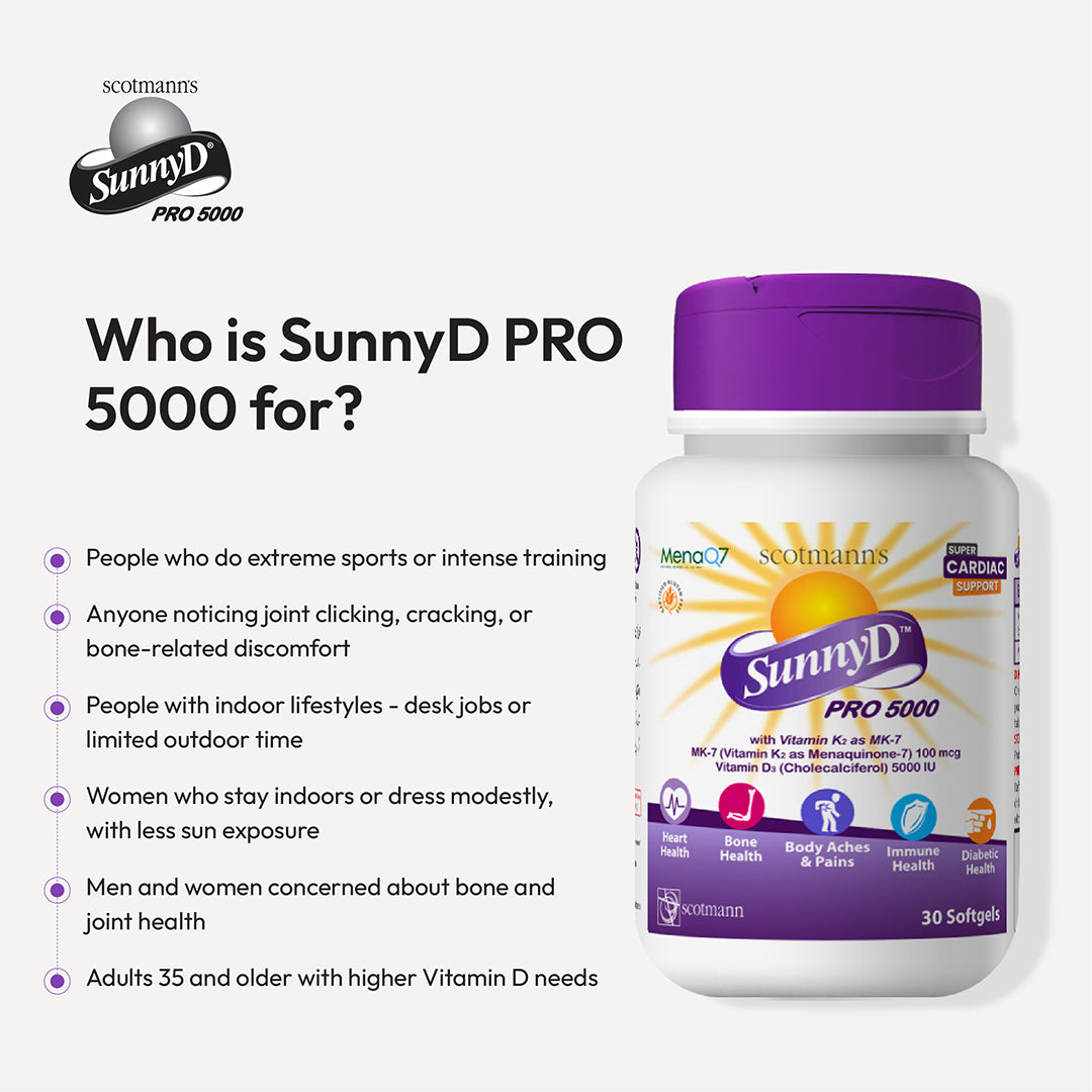 SunnyD PRO 5000 Vitamin D3 and K2 infographic showing who the supplement is for.