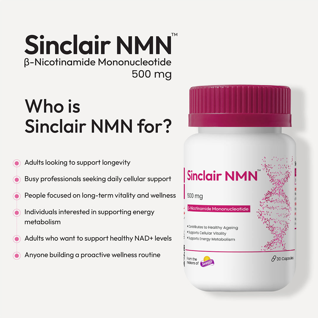 Sinclair NMN 500mg NAD+ supplement bottle with infographic highlighting longevity, cellular health, energy metabolism, healthy aging, and daily wellness support.